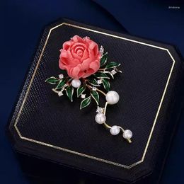 Brooches Ajojewel Red Resin Peony Flower Brooch With Green Enamel Leaves Elegant Pearl Suit Pin Jewellery Fashion Accessories Nice Gift