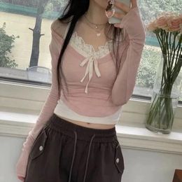 Women's Blouses Women Lace Trim Halter Neck Tops 2 Piece Set Aesthetic Knitted Crop Causal Long Sleeve Shirt Streetwear Outerwear Clothing