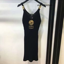 Luxury Plus Size Dresses Sexy V-neck Metal Buckle Suspender Knitted Bag Buttock Dress Female Slim Summer New Sleeveless Medusa Dresses Size S-XL