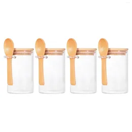 Storage Bottles Glass Jars With Bamboo Lids And Wooden Spoons 4Pcs Tea Jar Sealed Kitchen Canisters For Matcha Dry Food