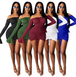Women One Piece Dress Sexy Fashion Drawstring Open Back Flared Sleeve Dresses Lady Solid Colour Casual Knee Length Skirt Fall Winte8552423