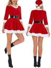 Casual Dresses Women Red Christmas Dress Santa Cosplay Costume Plush Trim Velvet Round Neck 3/4 Sleeve A-line Belt With Hat Outfit 2024