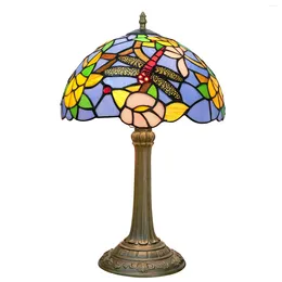 Table Lamps Tiffany Style Lamp Vintage Pastoral Blue Dragonfly Flower Stained Glass For Office Home Bar Bedroom Decor