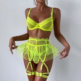 Bras Sets Sexy Perspective Gathering Mesh Erotic Lace Splicing Tight Fitting Clothing Spaghetti Strap Sissy Fun Underwear 4 Piece Set
