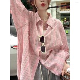 Women's Blouses Sun Protection Pink Striped Blouse Classic Oversize Turn-down Collar Blusas Tops Spring Summer Long Sleeve Tunic