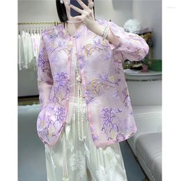 Ethnic Clothing O-Neck Purple Flower Embroidered Chinese Style Top Women's Summer High End Luxury Silk Shirt S-XXL