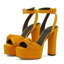 Women Top Fashion Open Toe Platform Chunky Bowtie Ankle Straps Buckle Thick High Heel Sand 119