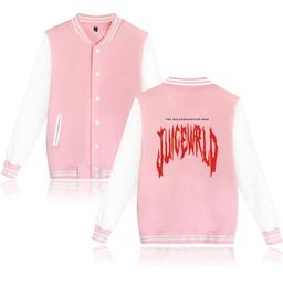 Moletom Rap Juice WRLD Baseball Uniform Giacca cappotto da uomo Harajuku Felpate invernale Fashion Hip Hop Fleece Outwear rosa con cappuccio rosa 9512189