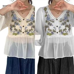 Women's Blouses B36D Women Button Up Hollowed Crochet Embroidery Flower Ruffle Shirt