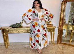 Siskakia Ethnic Maxi Long Dress for Women V Neck Ribbon Sleeve Abaya Dresses White Floral Print Dubai Muslim Arabic Clothes 1303656275