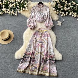Work Dresses Spring Runway Two Piece Set Women's Stand Lantern Sleeve Floral Print Blouses A-Line Long Skirts Suit Women Linen Clothes 6558