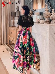 Skirts 2024 Summer Printed Skirt Women's Floral Mid-Length Figure Flattering Puffy Dress A- Line Vintage Umbrella