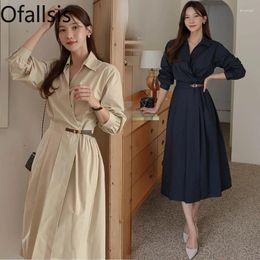 Party Dresses Ofallsis Khaki Turn Down Neck Long Sleeved Shirt Dress 2024 Women's Early Autumn Pleated V Waist French