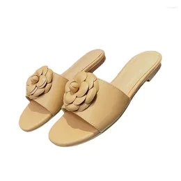 Slippers Summer Female Trend Flower Decor Genuine Leather Material Sandals Comfort Foot Feel Round Toe Women's Home Shoes