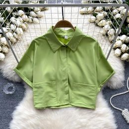 Women's Blouses Retro Short Sleeve Pockets Turn-down Collar Blouse Slim Sexy Shirt Women Streetwear Summer Pleated Fashion Crop Top