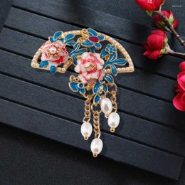 Brooches Dripping Oil Enamel Fan Ancient Style Chinese Peony Flower Badge Jewelry Accessories Alloy Banquet Clothes Pin