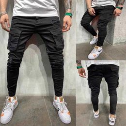 Men Black Biker Cargo Jeans Multi Pocket Slim Fit Joggers Trousers Male Ripped Hole Motorcycle Streetwear Denim Pencil Pants