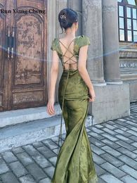Casual Dresses 2024 In Women's Long Dress Turquoise Green V-neck Backless Satin Jacquard Waist Slim Chic And Elegant Sexy Female