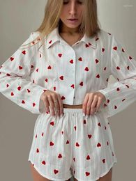 Home Clothing Hiloc Print Pyjamas For Women 2 Piece Sets Cotton Long Sleeve Crop Top Female Sleepwear Casual Suits With Shorts Summer 2024