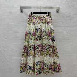 Skirts Colourful Floral Print Pleated Skirt High-Waisted Slim Long Cotton Parasol Fashionable And Elegant Pastoral Style