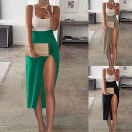 Skirts Ladies Skirt Elastic Belt Slim Fit Irregular Design Colorful Long Captivating And Intricate Slit Front Satin