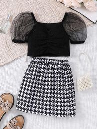 Clothing Sets Girls' Summer Casual Resort Style Suit Puff Sleeve Short T Plaid Shorts Two-piece Set