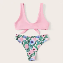 Women's Swimwear Two Piece Bikini Sets Floral Print Bra Top Solid Brief Swimsuit Women Tankini Set Push Up Biquini Suit Summer Beach