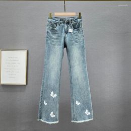 Women's Jeans Flare Denim Pants For Women's Trousers 2024 Spring Cotton Elastic Jean High Waist Slim Rhinestone Jens Ladies Trouser