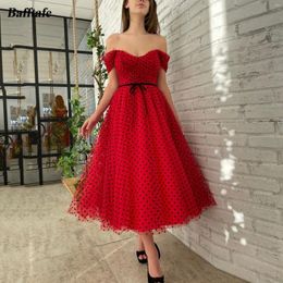 Party Dresses Bafftafe Red Tulle Black Polka Dots Prom Ankle Length Midi Formal Homecoming Gowns Pleated Women Evening Dress