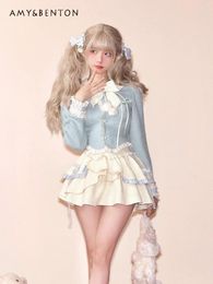 Work Dresses Sweet Princess Skirts Sets Winter Fairy Style Cute Bow Lace Up Crop Shirts High Waist Slim Fit Skirt Two Piece Women