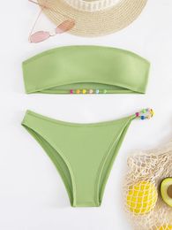 Women's Swimwear Sexy Beads Green Bandeau Bikinis Sets Two Pieces High Waist Thong Swimsuits Women Biquini Bathing Suits