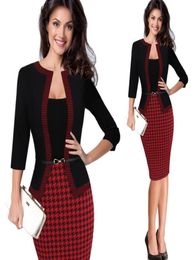 Hgte Womens Autumn Retro Faux Jacket Onepiece Polka Dot Contrast Patchwork Wear To Work Office Business Sheath Dress Y190529014978735