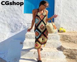 CGshop ZA Handmade Crochet Beach Dress Cover Up Sexy Hollow Out Mesh Knitted Tunic Swimsuit Coverup Womens Beach Sarong Robe X07267408464