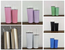 Stainless Steel skinny Tumbler Candy Colour Vacuum Insulated Straight Cup Outdoor sport Drinking bottle Metal Cup Lids Straws Set C4084214