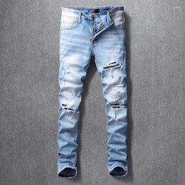 Men's Jeans Street Fashion Light Blue Retro Elastic Slim Fit Split Black Patch Panel Designer Hip Hop Brand Pants Ho