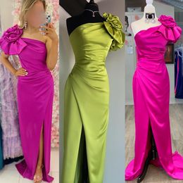One Shoulder Asymmetrical Satin Prom Dress Fitting Lady Pageant Gown Formal Evening Cocktail Party Wedding Guest Red Capet Runway Gala Black-Tie Pick-Up Sleeve Slit