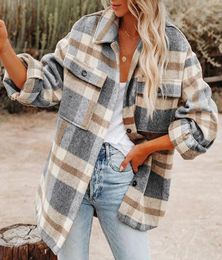 Women039s Wool Blends Vintage Brushed Plaid Shirts Long Sleeve Flannel Lapel Button Down Pocketed Shacket Jacket Coats Winter9803902