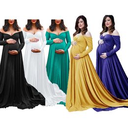 Pregnant Women's V-neck Trailing Long Photography Dress European and American Mercerized Cotton L2405