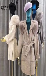 European Style Elegant Women Cashmere Coat Solid Color Female Belted Cardigan Outerwear Real Fox Fur Hooded Wool Coats 207207603