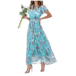 Casual Dresses Women'S Swing Long Dress Chiffon Floral Short Sleeve Ruffle V Neck Fashion Waist Flowy Summer Woman Vestidos