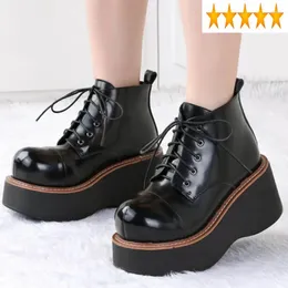Boots Lace-Up Platform Shoes Woman Casual High Quality Leather Round Toe Harajuku Wedge Ankle 2024 Black Punk Women