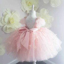 Girl's Dresses Elegant Girl Dress Girl Summer Fashion Pink Lace Bow Party Tulle Flower Princess Wedding Dress Baby Girl Dress d240520