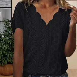 Women's Blouses Jacquard Comfortable Breathable Short Sleeve Knitted V Neck Lace T-shirt Knitwear Female Elegant Tops Shirts