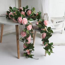 Decorative Flowers Pink Silk Peony Rose Flower Rattan Artificial Ivy Wedding Party Wall Hanging Garland Home Garden Decoration Green Plants