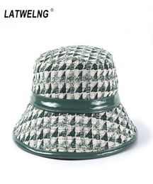 Vintage Designer Tweed Bucket Hats For Women Fashion Autumn Winter UV Hat Ladies Plaid Caps With PU Stitching 3 Colours Whole T77171893199