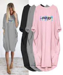 PROPCM Plus Size Women Loose Midi Dress Y2K Simple Letter Print Long Sleeve O Neck With Pocket Casual Party Vestidos Robes Femme C9956583