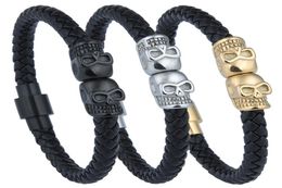 Men039s Stainless Steel Leather Charm Bracelet Braided Cuff Skulls Punk Magnetic Clasp Wristband 205cm22cm5884780