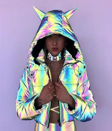 Shiny Iridescent Reflective Puffer Jacket Horn Hooded Warm Parka Cropped Bubble Coat Women Clothes 2019 Winter1829668