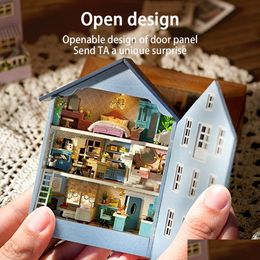 Decorative Objects Figurines Diy Wooden Miniature Building Kit Doll Houses With Furniture Light Molan Mini Casa Handmade Toys For G Dhysc