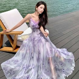 Boho Elegant Purple Floral Print Backless Long Summer Ruffles V Neck Fairy Dress Women Birthday Party Evening Sundress New